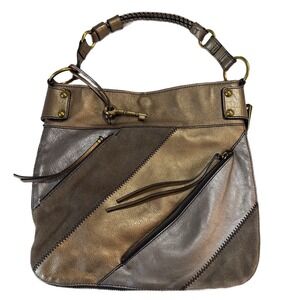 Fossil Handbag Patchwork Bronze Brown Suede Silver‎ Leather Shoulder Handbag